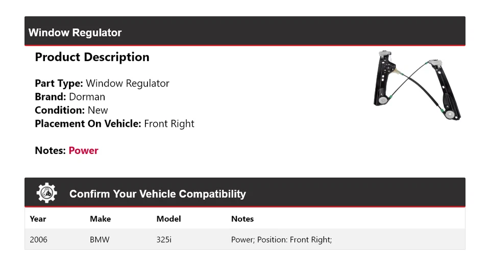Regulador de ventana delantero derecho BMW 325i Dorman 2006 Foto 2 de 4