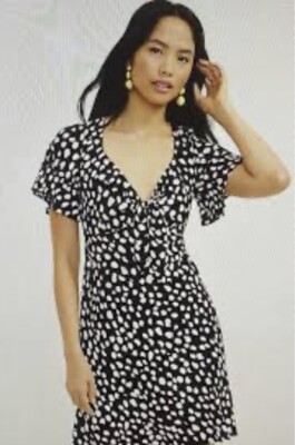 Dotted Tie Front Fit And Flare Dress XS AK109