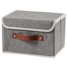 Cotton Linen Fabric Storage Bins With Lids Leather Handles Gray Small Size