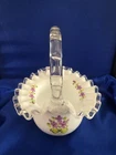 Vtg Fenton Silver Crest Violets in the Snow 7" Ruffled Basket Milk Glass Flowers