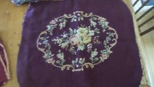 Vintage Almost Finished WORKED NEEDLEPOINT Pc Floral, Burgundy, 21x18", 2