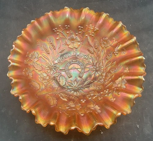 VINTAGE CARNIVAL NORTHWOOD MARIGOLD GOOD LUCK PCE BOWL  “AWESOME IRIDESCENCE”
