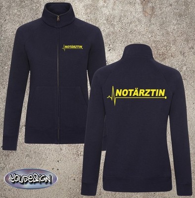 LADY FIT Notärztin Damen Sweat Jacke navy mit Brust/Rückenaufdruck Gelb/Silber..