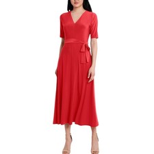 MSK NWT 69 Womens Red Jersey V-Neck Midi Dress With Belt Size S