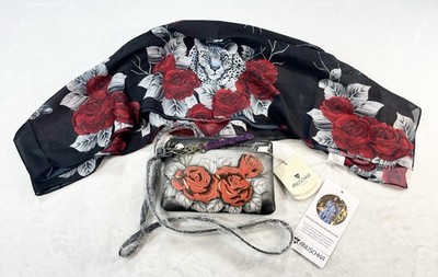 Anuschka Hand-Painted Leather Crossbody with RFID & Scarf Leopard In Love NWT