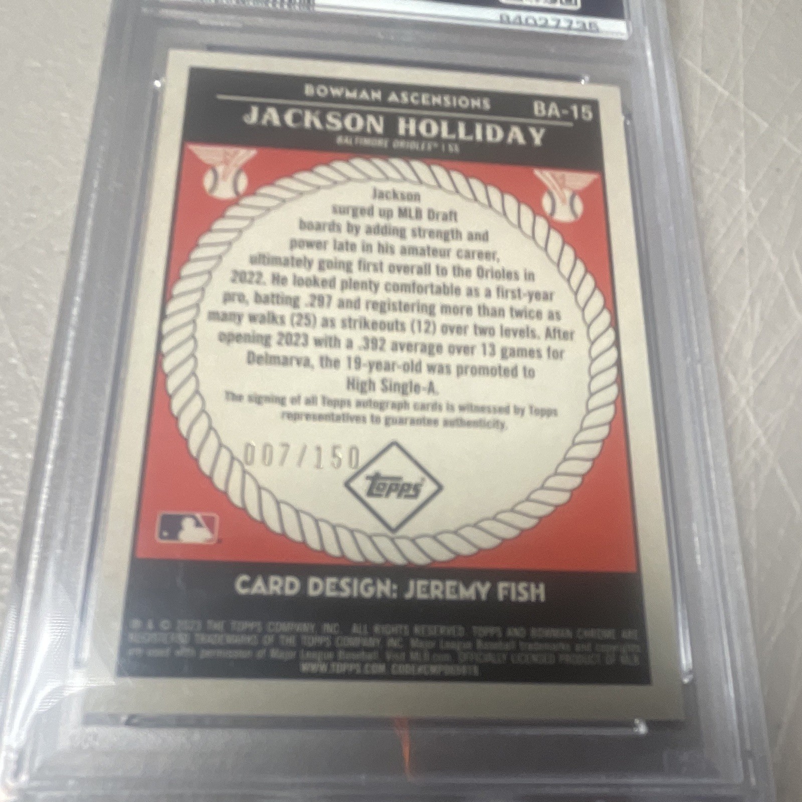 2023 Bowman Chrome Jackson Holliday RC Auto /150 PSA 8 BA-15 view 3