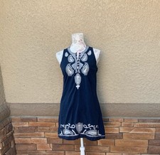 GUC Navy Blue Sleeveless Bohemian Embroidered Dress Summer Cotton Sz M FREE SHIP