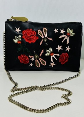 Zara Trafaluc Crossbody Bag Black Embroidered Floral Chain Strap Studded Purse 