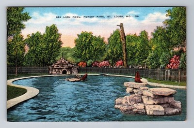 St. Louis MO-Missouri, Zoo, Forest Lake Park Lion Pool, Antique Vintage Postcard
