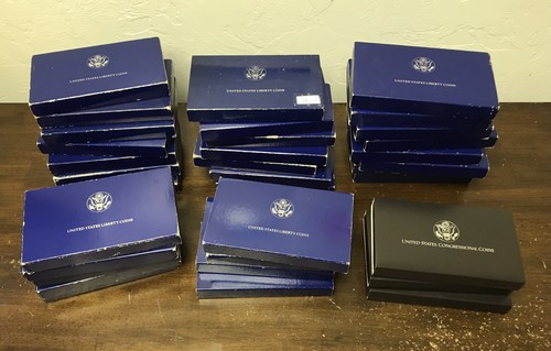 (NO COINS) 34 US Mint Commemorative 2-Coin Proof Silver Dollars OGP Boxes w COA