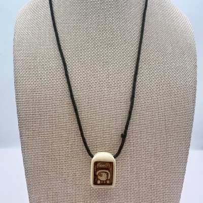 Vintage 50s Hand Carved Mayan Ajaw Glyph Bone Pendant Mexican Folk Art Jewelry