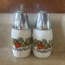 70's Spice Of Life Corning Salt & Pepper Shaker Set ~ La Saliere & Le Poivrier