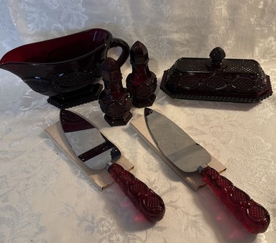 Vintage Avon Cape Cod Red Glassware Lot Butter Dish Salt Pepper Gravy 2 Servers