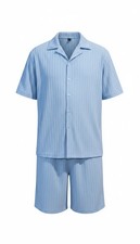 Men's Blue Textured Short-Sleeve Shirt and Shorts Set Medium