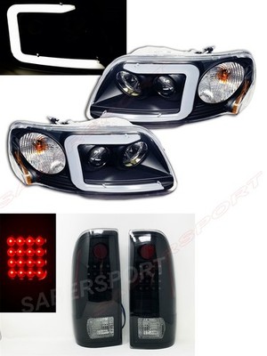 Black LED C-Bar Projector Headlights + LED Tailights for 1998-2003 Ford F-150