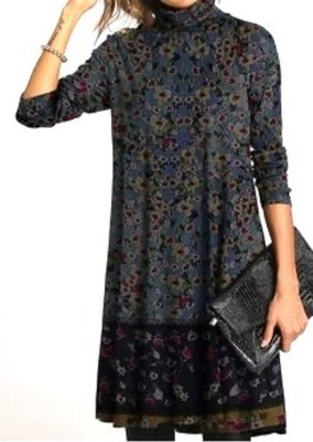 EXCLUSIVE Fall Mixed Floral Prints Mock Neck Long Sleeve Shift Dress Size M