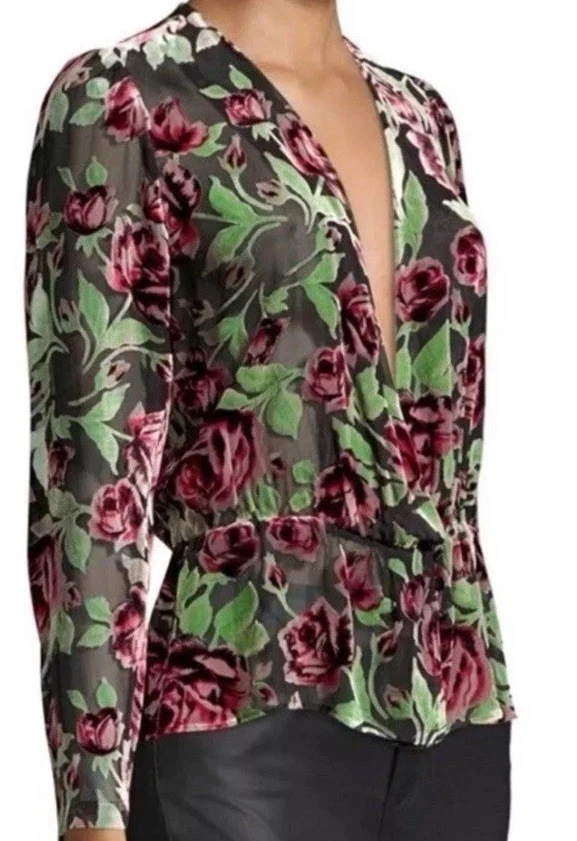 Blusa The Kooples Rosa Terciopelo Seda Burnout Negra Top Peplum Mujer Rojo Verde S Foto 3 de 4