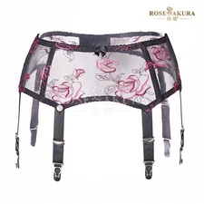 Embroidered 6 Strap Vintage Garter Belts Ultra Sheer  Thigh-High Stocking 8418