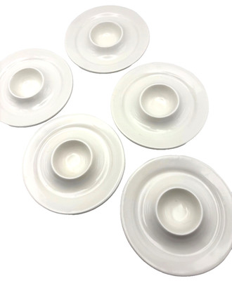 Five (5) White Ceramic Egg Holders for Soft or Hard Boiled Eggs Unique Tableware