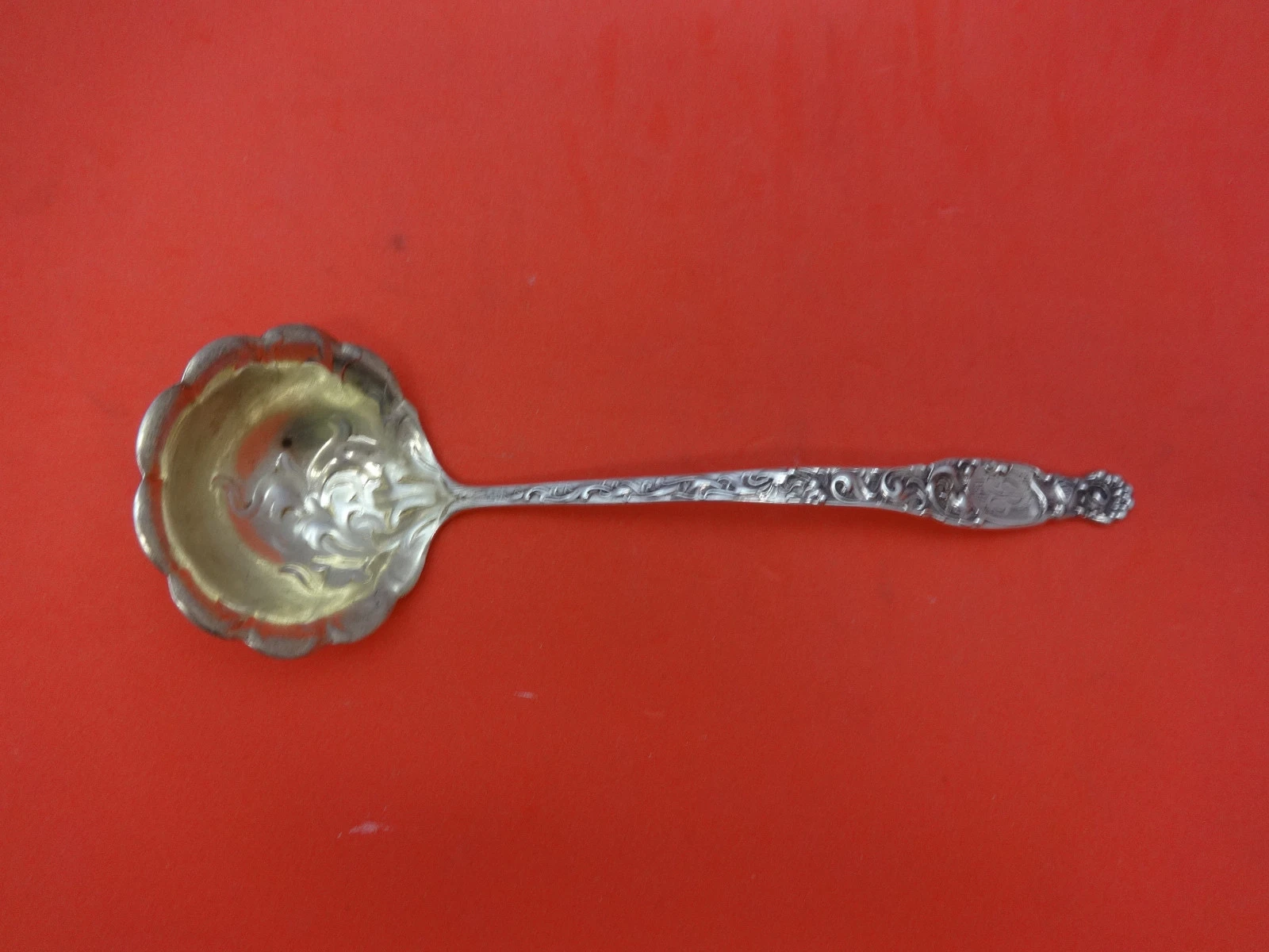 Heraldic by Whiting Sterling Silver Sauce Ladle Gold Washed Design in Bowl 6"