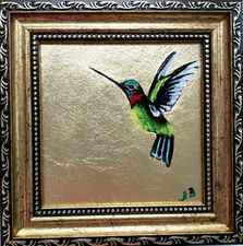 Hummingbird Bird Painting Art Gold Leaf Texture Hand Painted Framed Colibri