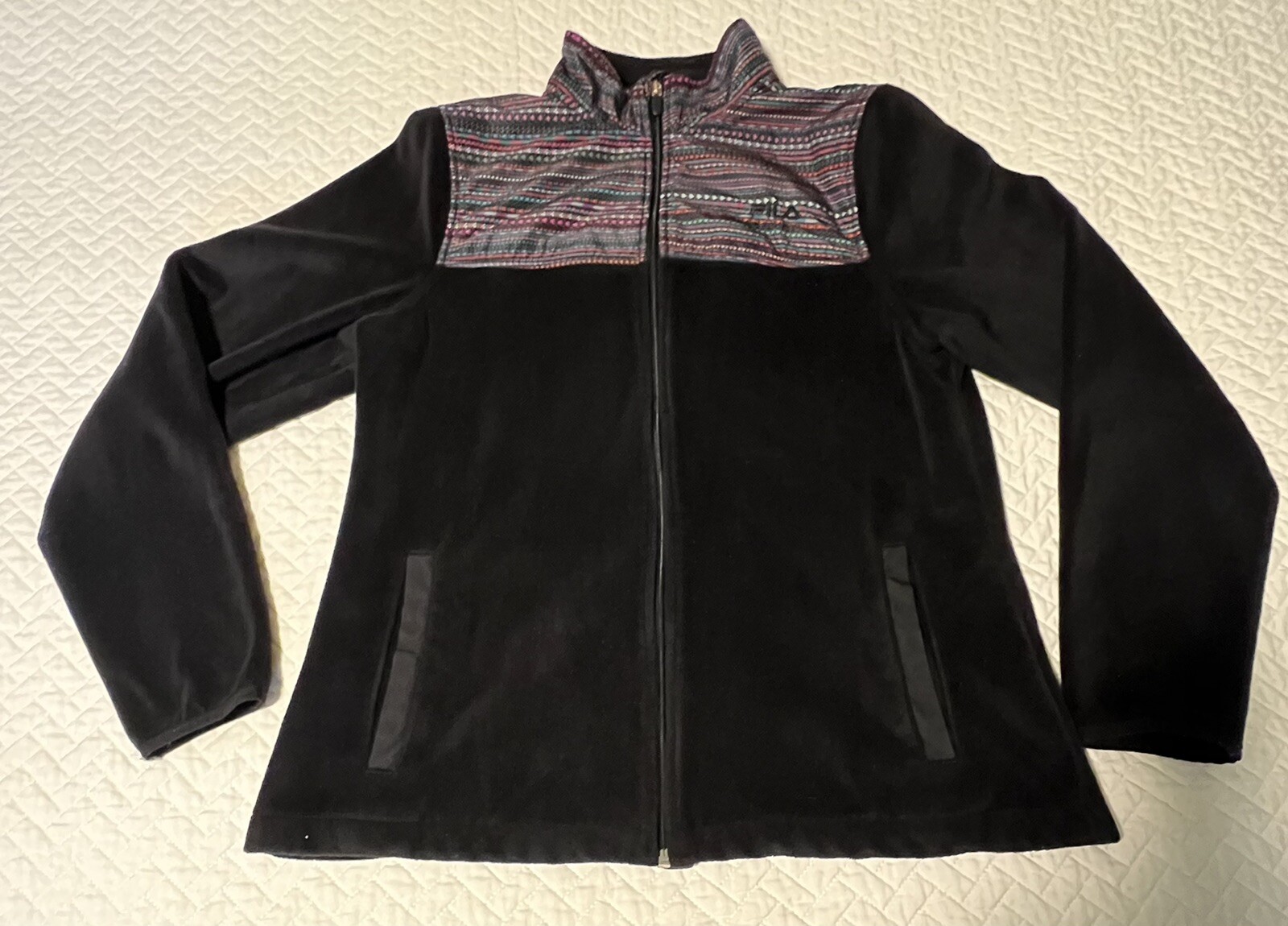 FILA Sport Poly Ecopelliccia Warm Up Giacca Pile Nero Taglia Media Modello Azteco ��