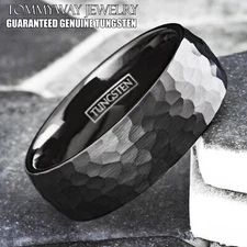 Black Tungsten Carbide Hammered Brushed Finish Men's Wedding Band Ring