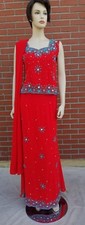 Readymade embellished stone sequins beads embroidery Red 3pc lehnga choli sz 38