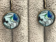 NEW Set Blue Hummingbird Earrings Lever Back Bronze Color Metal Drop Style