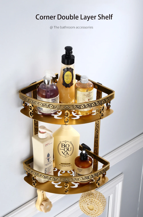 Bathroom Shelves Bath Holder Antique Gold Aluminum Storage Corner Rack