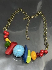 Vintage Signed Grandmothers Buttons Bronze Tone Multicolor Beads Necklace USA