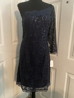 NWT Jessica Simpson 14 Navy Lace Sequins Cocktail Dress 1 Sleeve Off  Shoulder