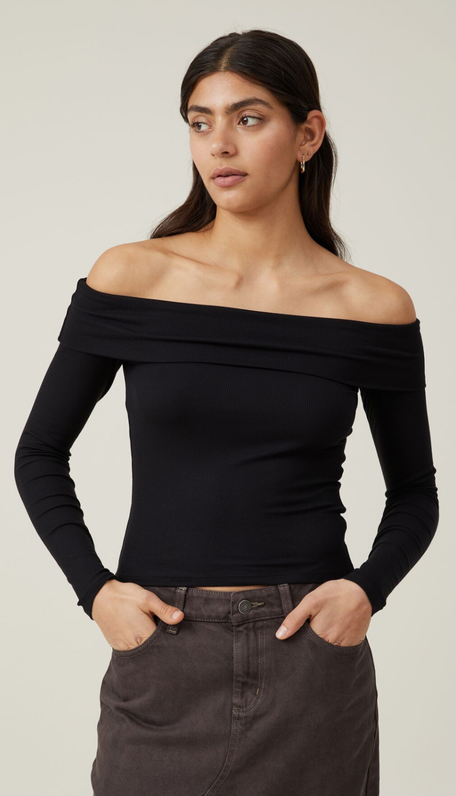 Cotton On Women's Staple Rib Off Shoulder Long Sleeve Top Black Size L NEW