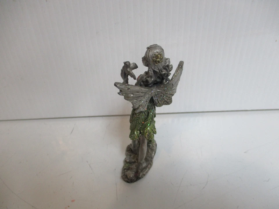 Pewter Fairy Figurine w Bird  Green & Red Dress Sparkly Stones 3" - Image 3 of 4