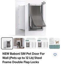 NEW Baboni SM Pet Door For Wall Pets up to 12 Lb Steel Frame Double Flap Locks