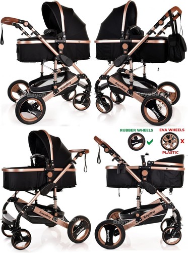 Foldable 3-in-1 Baby Stroller with Stylish Black-Rose Gold Design - Lightweight - Picture 5 of 11