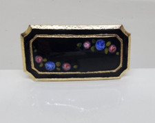Vintage Enamel Brooch Pin Flowers Gold Tone & Black Floral Design Hand Painted