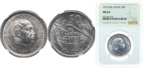 Spain 1957 60 50 Pesetas Coppernickel NGC MS 63