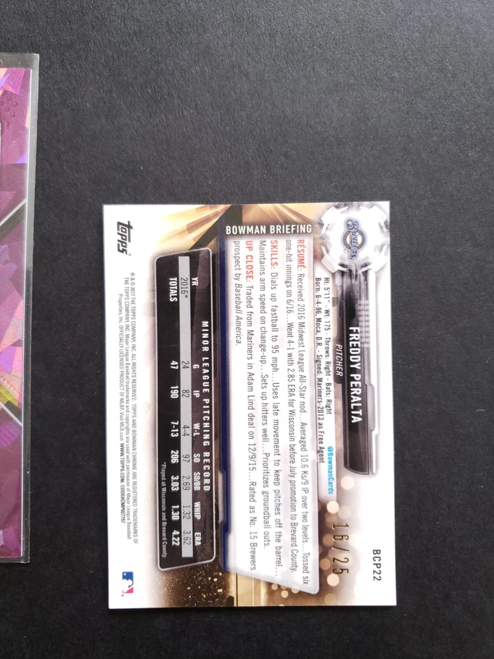 2017 Bowman Chrome Minis Prospects Orange Refractor /25 Freddy Peralta #BCP22 - Image 3 of 4