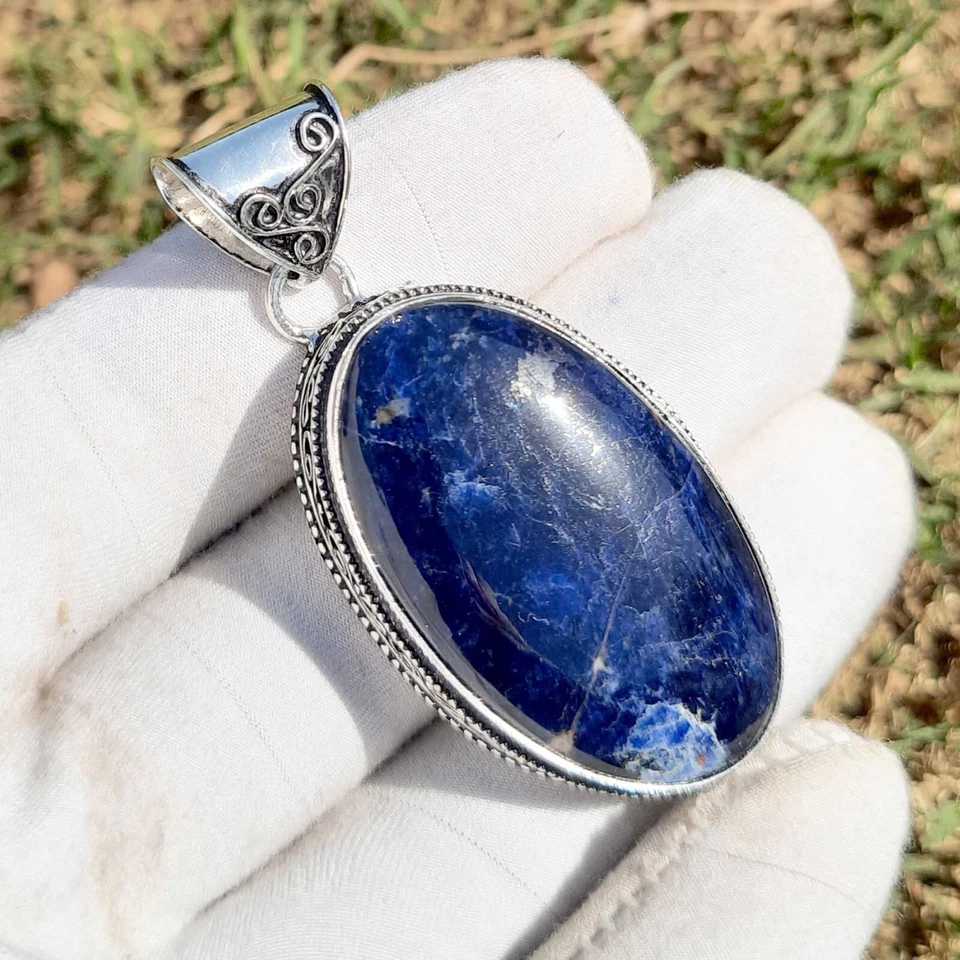 Joyería colgante enchapada en plata de ley 925 con piedras preciosas de sodalita de 2" Foto 3 de 4