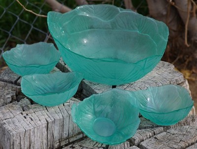VINTAGE Viking Glass Green Lettuce Salad Set of 5 Made in USA 1960's RETRO!