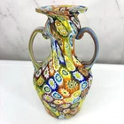 Vintage 70s Murano Millefiori Glass Vase Hand Blown Two Handle Pontil Mark 7"