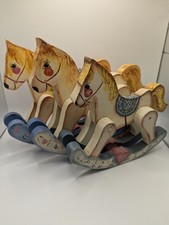 Vintage 3 Piece Hand Painted Wooden Rocking Horse Set, Dad, Mom And Baby