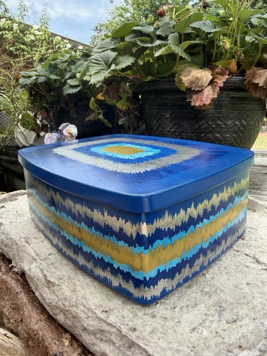 Vintage Ira Denmark Danish Modern Blue Geometric Metal Storage Tin Box