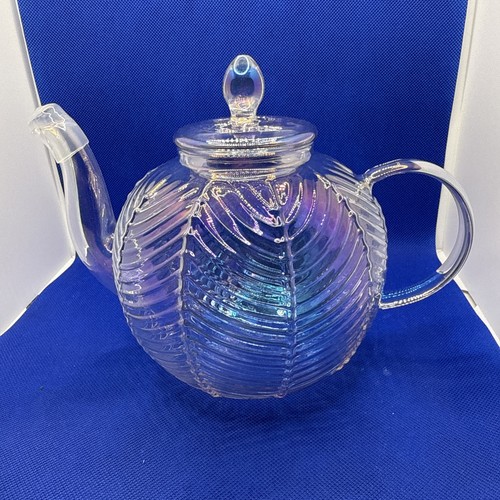 Delicate Iridescent Hand Blown Rainbow Swirled Art Glass Teapot Mint - Picture 2 of 5