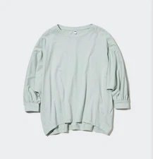 Uniqlo Light Green Top Smooth Cotton Dolman Volume 3/4-Sleeve Shirt Size Small