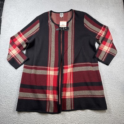 Anne Klein Cardigan Womens 3X Buckle Front Red Black Plaid Long Sleeve NWT