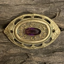 Antique Art Nouv. Brooch/Sash Buckle Brass w/ Amethyst Stone  Ornate Detailing