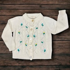 Vintage Style 2T Cream Knit Cardigan Embroidered Flowers Button Up Sweater