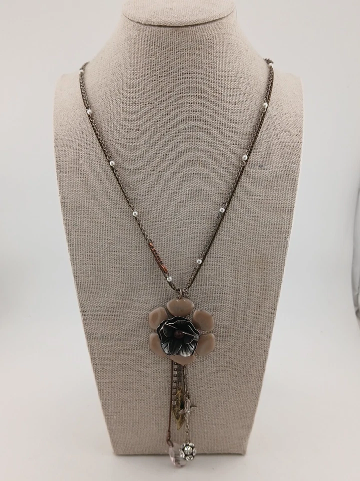 GUESS Plata Bronce Tono Perlas Cristales Esmalte Floral Colgante Collar  Foto 2 de 4